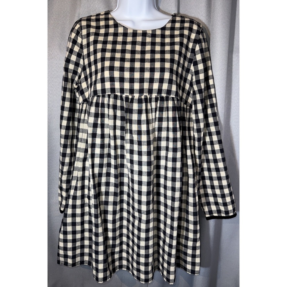 Zara Trafaluc Gingham Babydoll Dress Medium Black Ivory Mini Long Sleeve Pockets